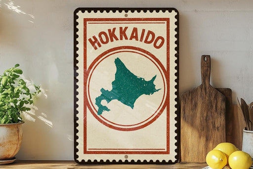 A vintage-style sign with the text "Hokkaio" and a map of Japan, placed on a wooden shelf next to a potted plant and a wooden cutting board.