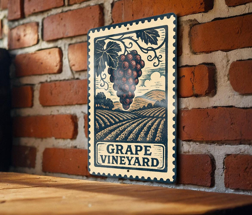 A vintage-style metal sign with a grape vineyard illustration is mounted on a brick wall.