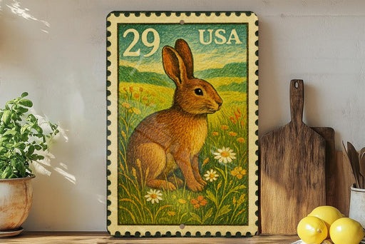 A framed stamp depicting a rabbit in a field of flowers, with the number 29 and the word "USA" printed on it. The stamp is placed on a shelf next to a wooden cutting board and a potted plant.