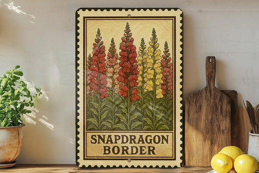 a framed illustration of snapdragons on a shelf, with a wooden cutting board and a potted plant nearby.