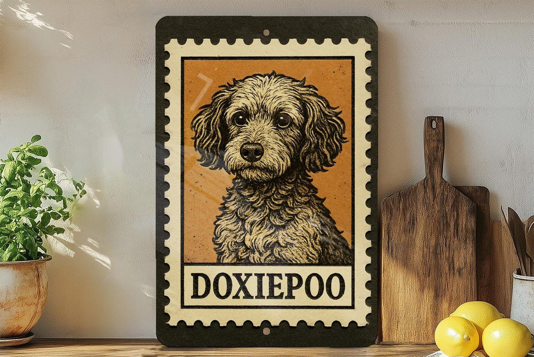 a framed illustration of a dog, specifically a Doxie poo, on a shelf.
