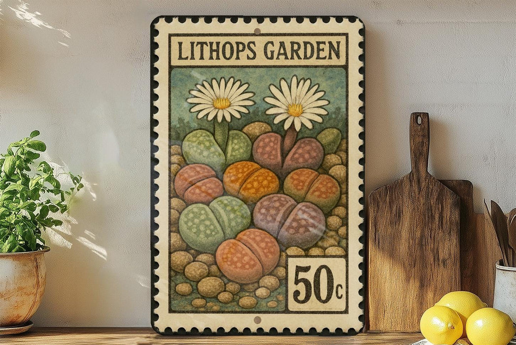 A vintage postage stamp featuring a colorful illustration of various cacti and flowers, with the text "LITHOPS GARDEN" and the denomination "50c". The stamp is displayed on a shelf next to a wooden cutting board and a potted plant.