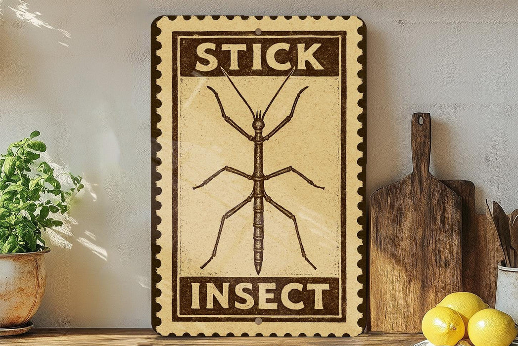 a sign that reads "STICK IN" and "INSECT" with a detailed illustration of a stick insect.