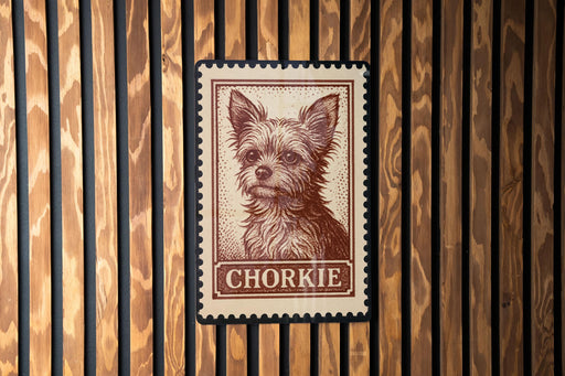 A postage stamp featuring a portrait of a chihuahua dog, with the word "CHORKIE" printed below it.