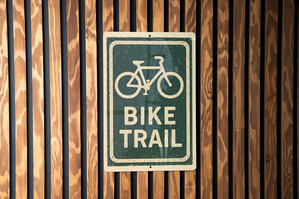 A green and white sign with a bicycle symbol is mounted on a wooden wall.
