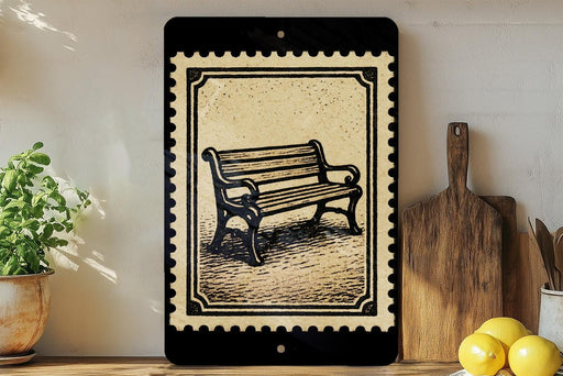 a black and white illustration of a bench on a wooden surface, with a potted plant and a wooden cutting board visible in the background.