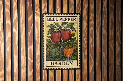 A metal sign with a bell pepper plant and the word "GARDEN" is displayed on a wooden wall.