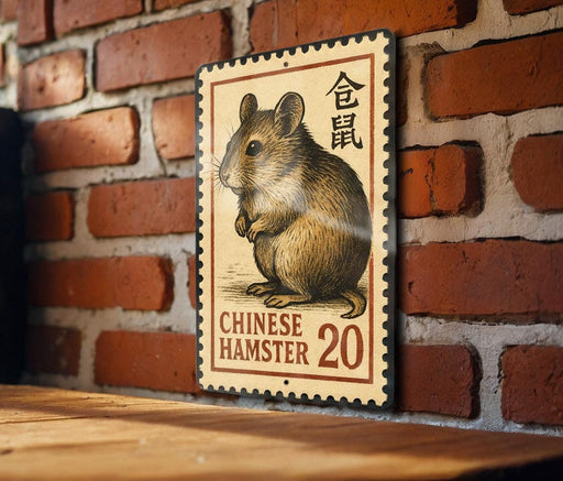 A vintage-style Chinese stamp featuring a hamster, with the text "CHINESE HAMSTER 20" printed on it.