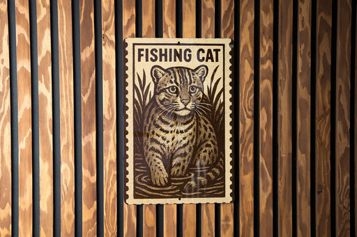 A sign featuring a cat, with the text "FISHING CAT" prominently displayed.