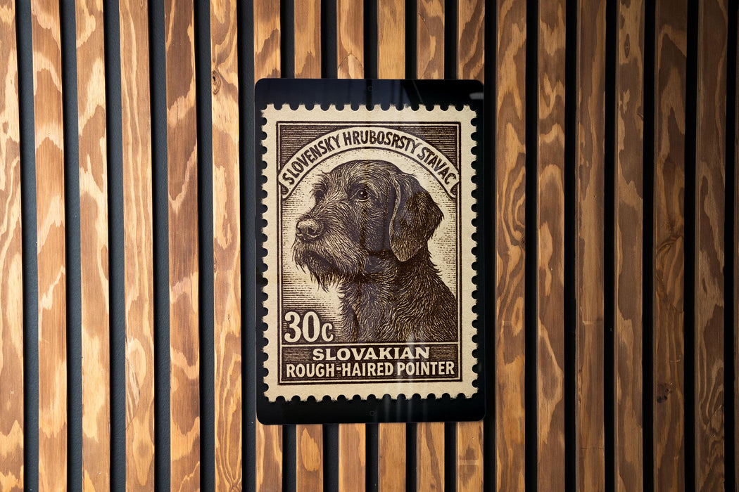 A stamp featuring a dog's head on a wooden background.
