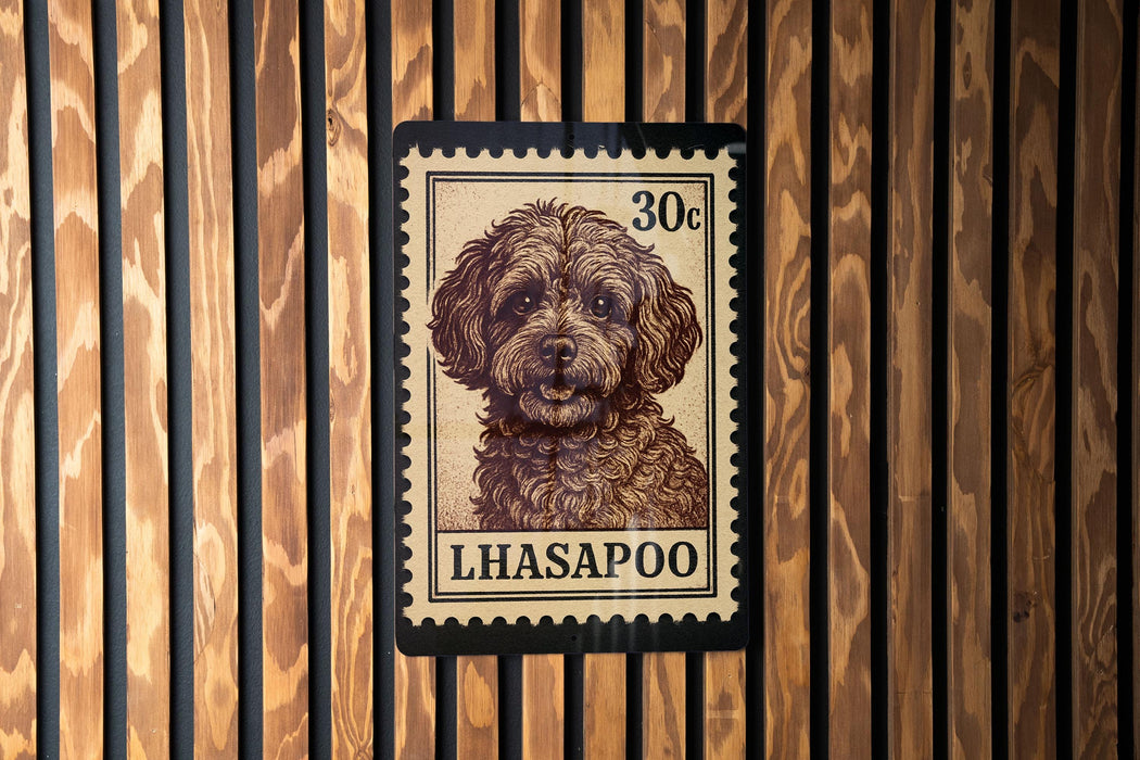A stamp-like image of a dog, specifically a poodle, with the text "LHASAPOO" printed on it.
