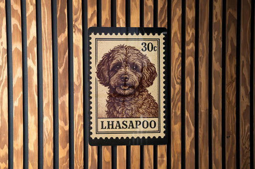 A stamp-like image of a dog, specifically a poodle, with the text "LHASAPOO" printed on it.