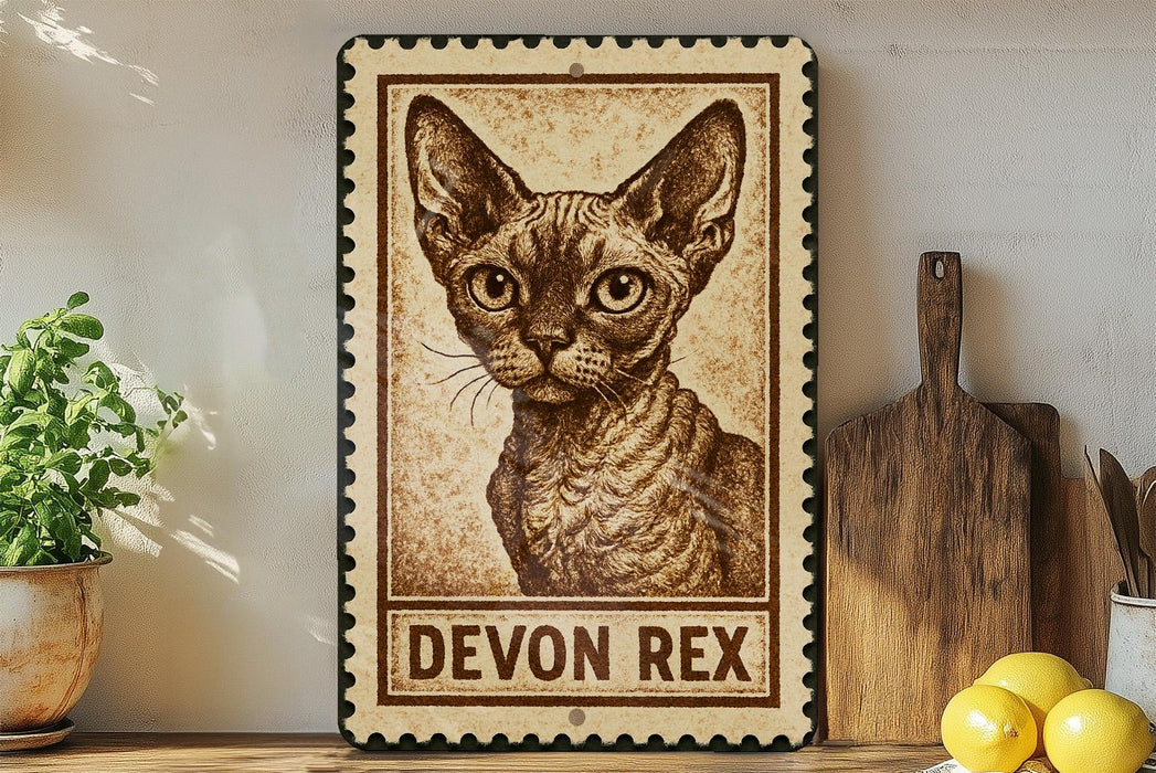 a framed stamp-like artwork depicting a Devon Rex cat, with the text "DEVON REX" below the image.
