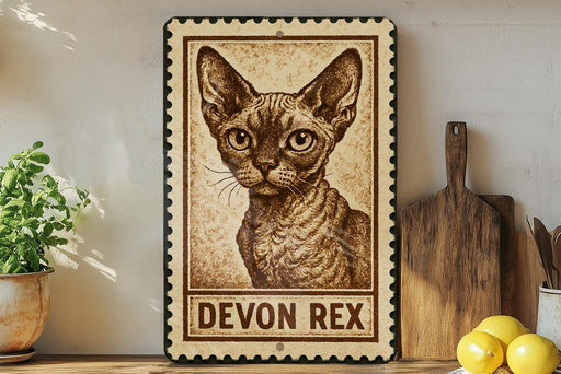 a framed stamp-like artwork depicting a Devon Rex cat, with the text "DEVON REX" below the image.