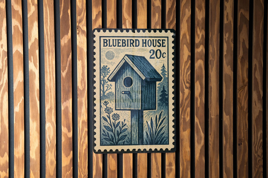 A postage stamp-like sign with a birdhouse illustration is mounted on a wooden wall.