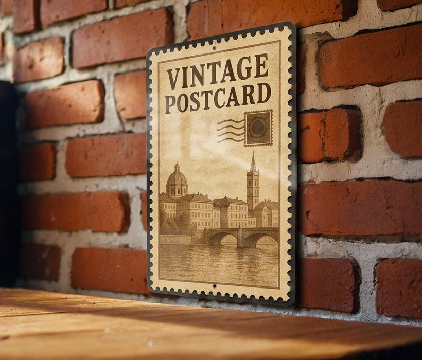 A vintage-style postcard with a brick wall and a wooden table in the foreground.