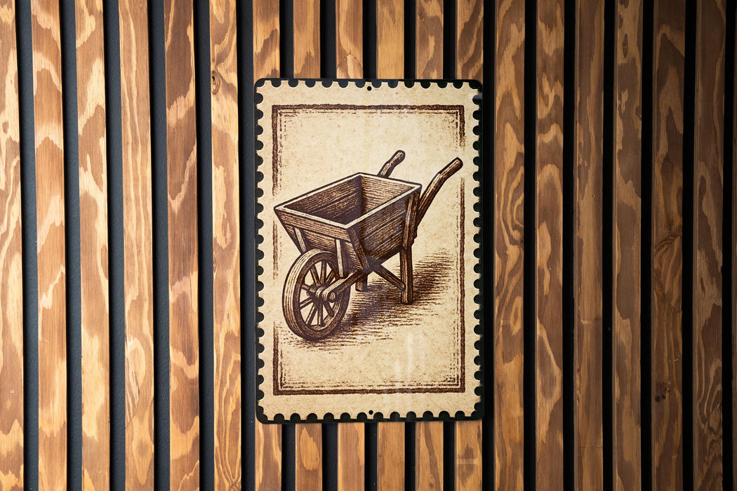 A wooden sign with a picture of a wheelbarrow is displayed against a wooden background.