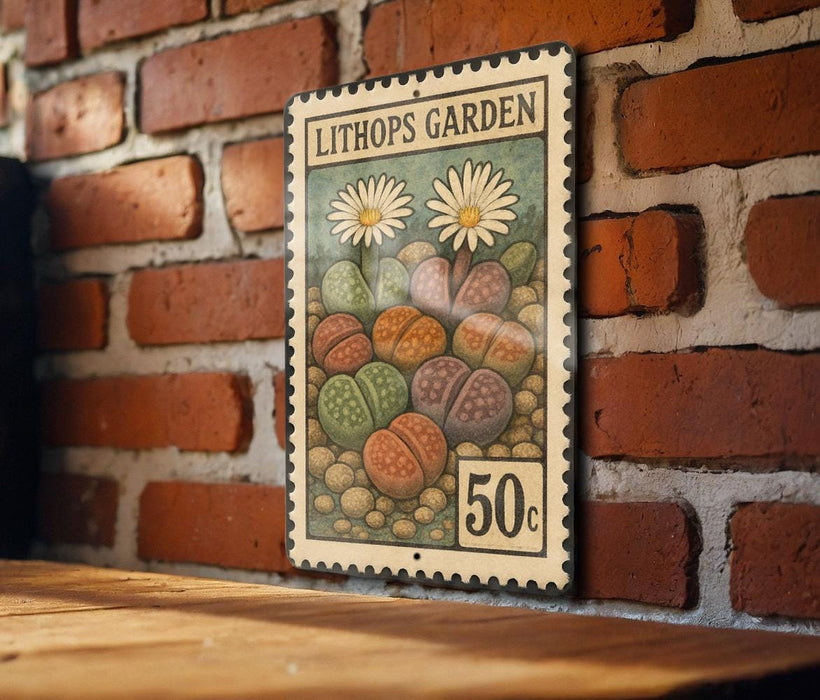 A vintage-style metal sign with a floral design hangs on a brick wall, displaying the text "LITHOPS GARDEN" and the price "50c".