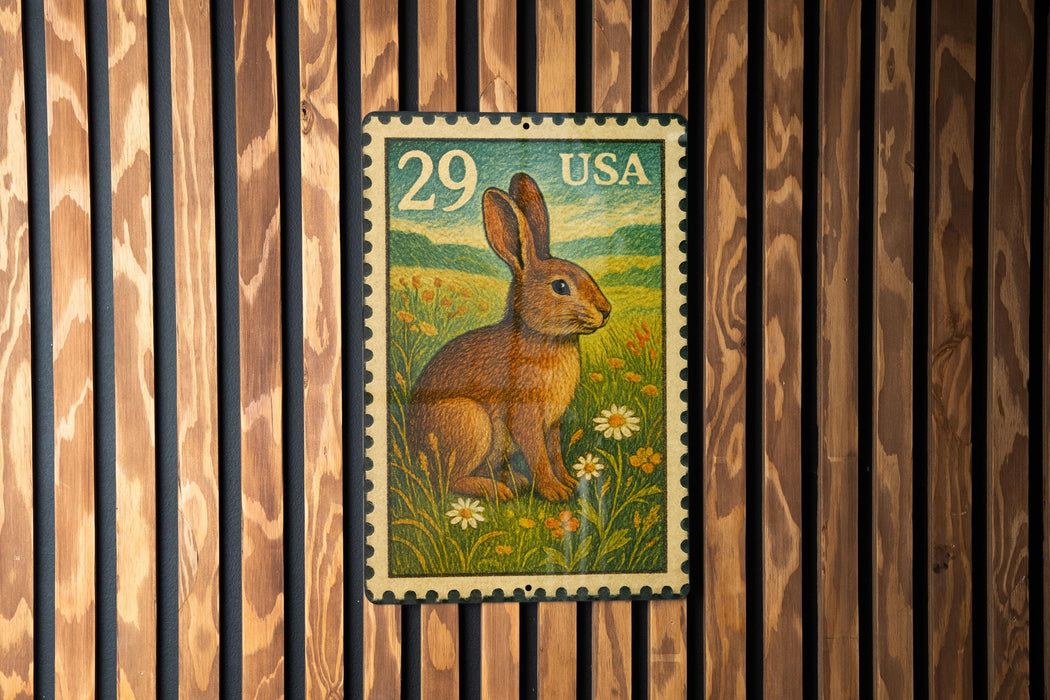 A 29-cent US postage stamp featuring a rabbit in a field of flowers.