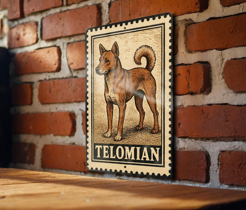 A metal sign with a drawing of a dog, mounted on a brick wall.