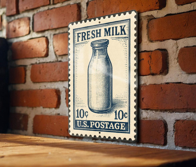 A vintage-style stamp depicting a milk bottle, mounted on a brick wall.