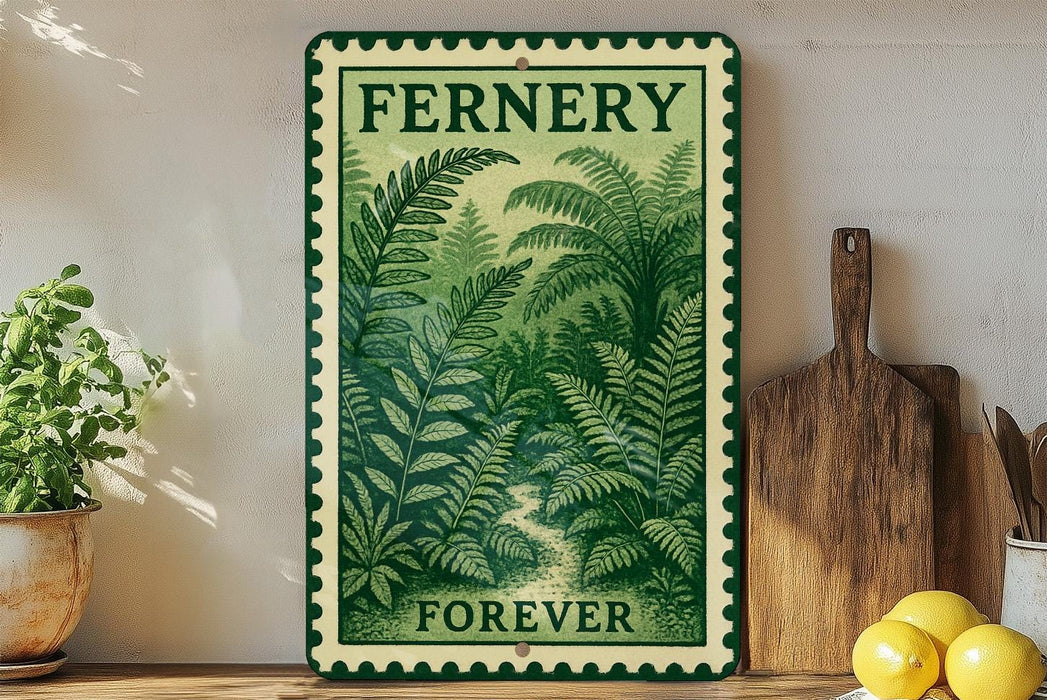 a vintage-style metal sign with a lush green fern design, placed on a wooden shelf next to a wooden cutting board and some potted plants.