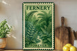 a vintage-style metal sign with a lush green fern design, placed on a wooden shelf next to a wooden cutting board and some potted plants.