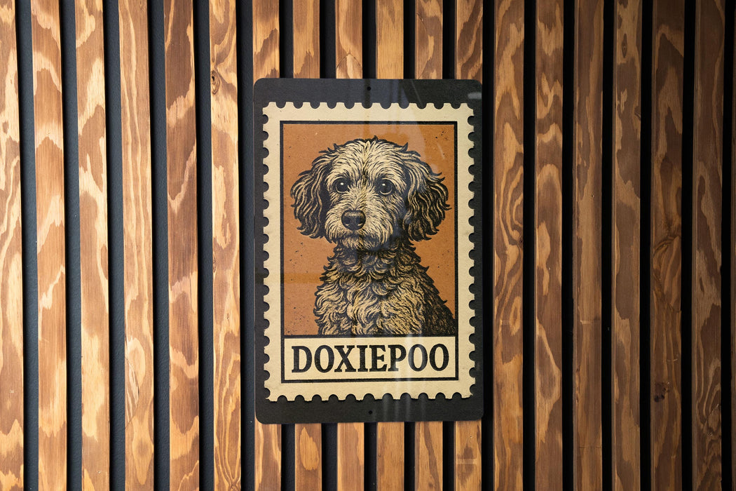 A stamp-like sign featuring a dog's portrait and the word "Doxiepoo" printed on it, mounted on a wooden wall.