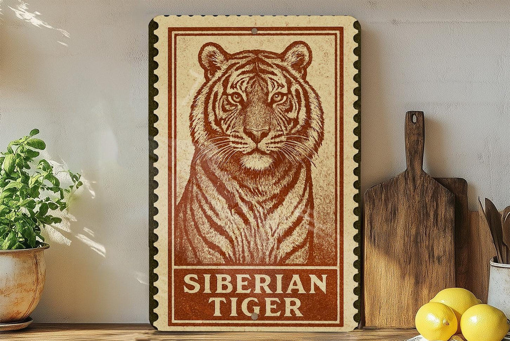a tiger on a sign, with the word "SIBERIAN TIGER" written below the tiger's image.