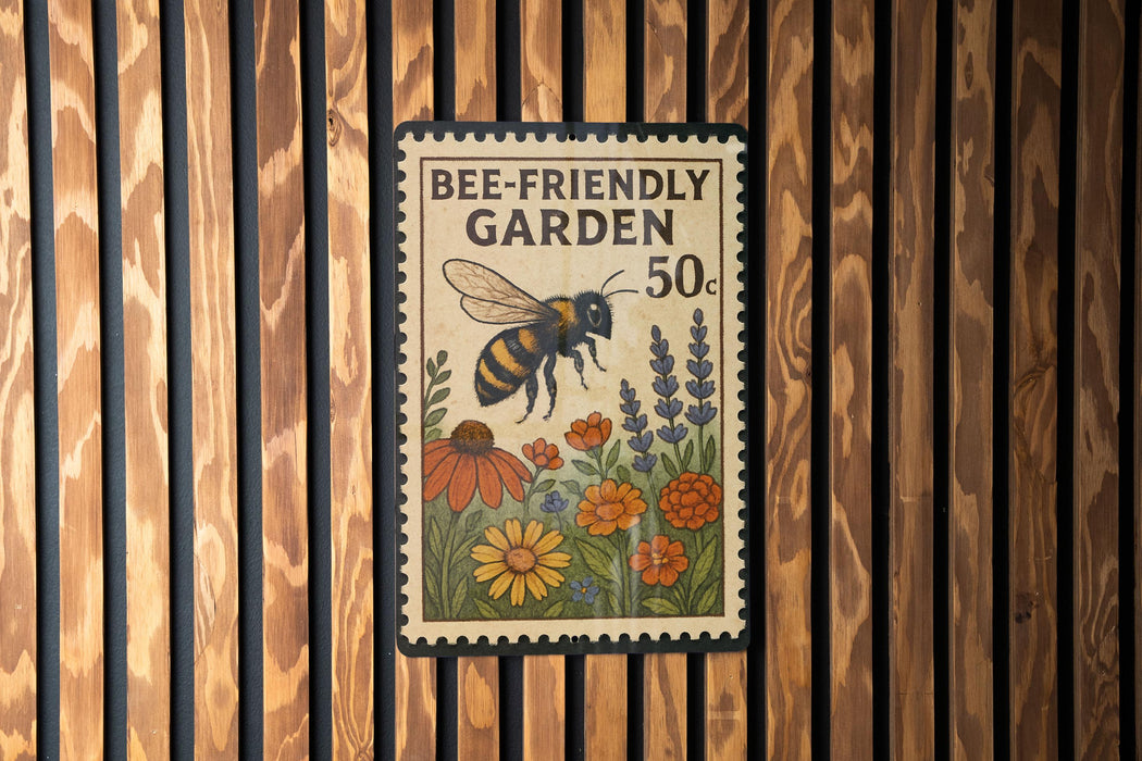 A poster or sign with a bee and flowers, mounted on a wooden wall.