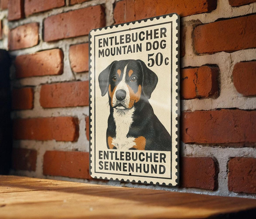 a poster of a dog, specifically a Bernese mountain dog, mounted on a brick wall.