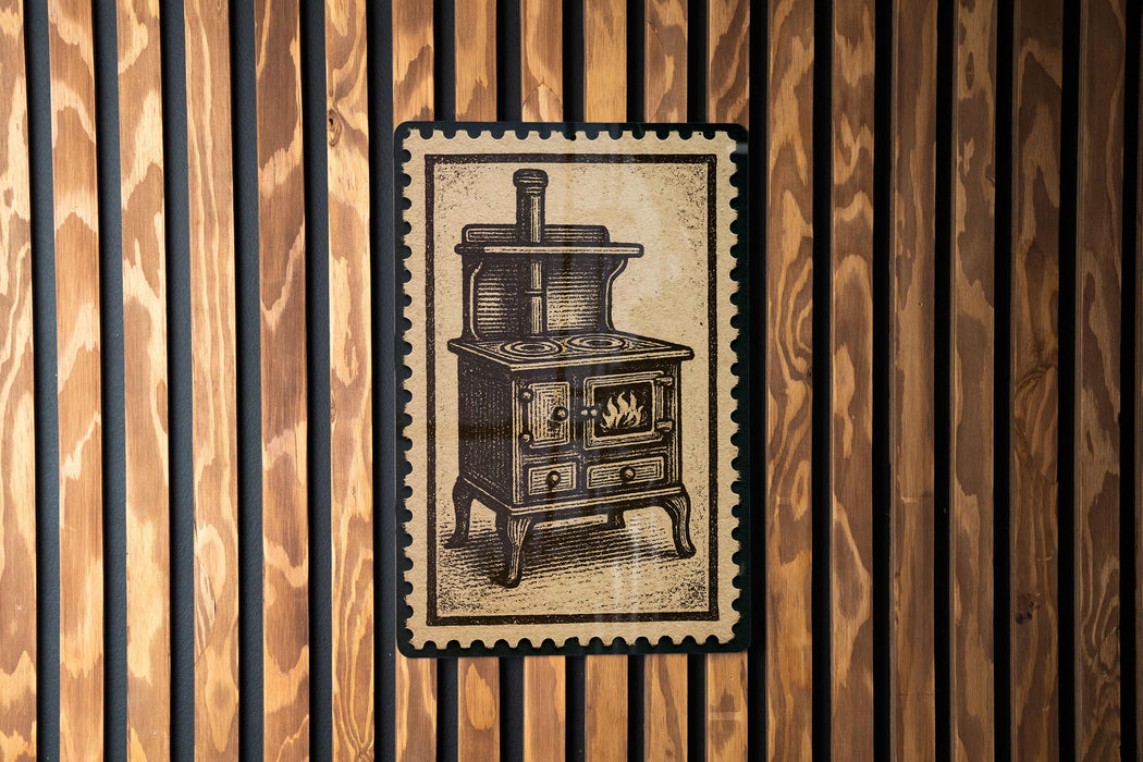 A vintage-style stove is depicted on a wooden wall, with a black and white illustration of the stove.