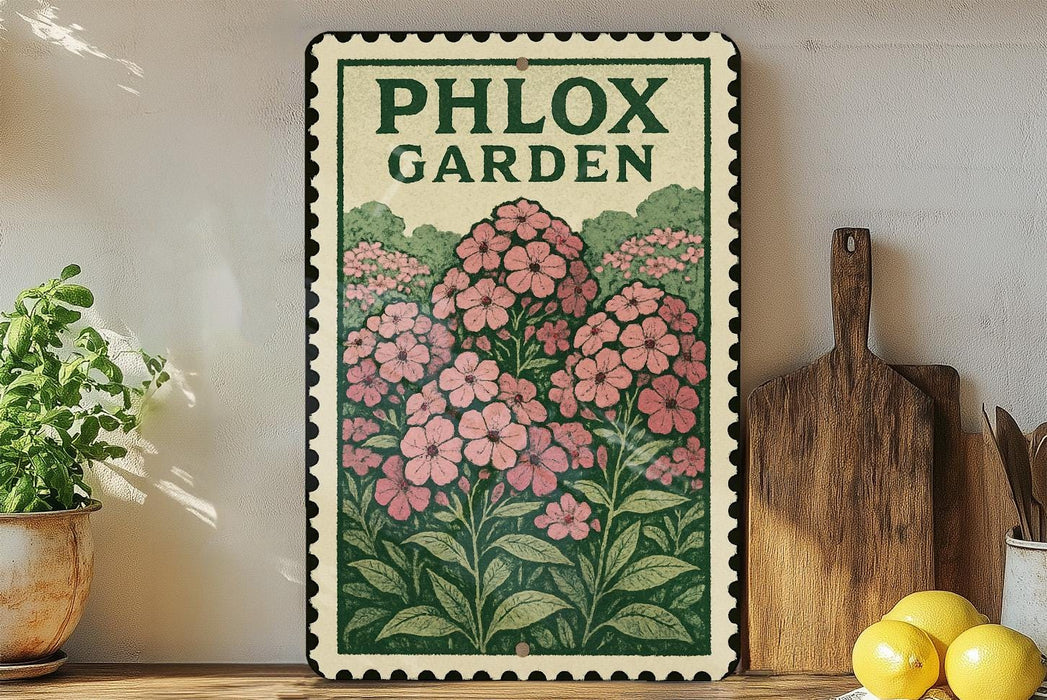 A vintage-style metal sign with a floral illustration, mounted on a wall next to a wooden cutting board and a potted plant.