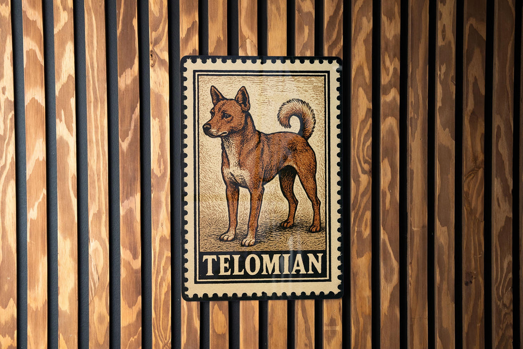 A metal sign with a dog illustration and the word "TELIBIAN" printed on it is displayed on a wooden wall.