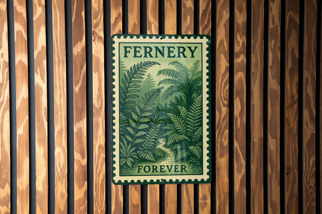 a vintage-style stamp with the word "Fernery" and the word "Forever" printed on it, which is displayed on a wooden wall.