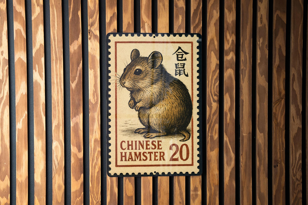 Chinese Hamster Metal Sign – Vintage Stamp Style Wall Art, Rustic Animal Decor, Small Pet Lover Gift, Farmhouse Tin Sign