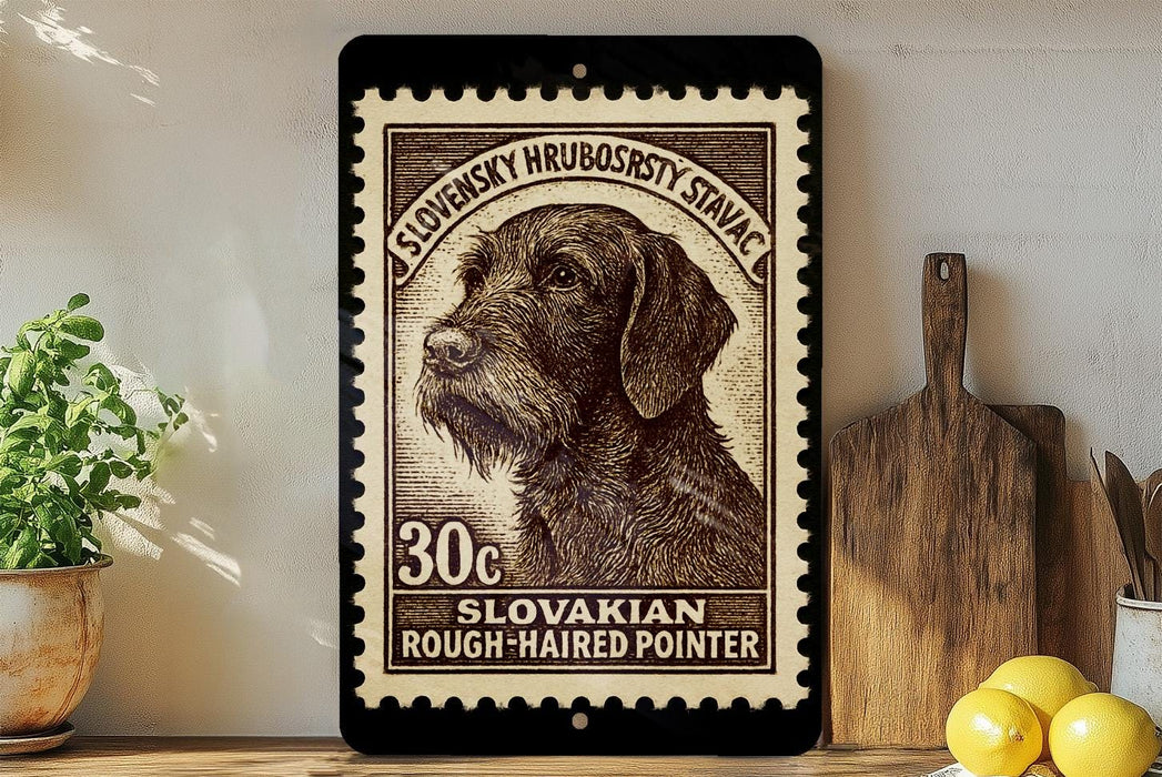 A stamp featuring a close-up of a brown dog's head, with text indicating it is a "Slovakian Rough-haired Pointer" and is worth 30 cents. The stamp is displayed on a wall, with a wooden cutting board and a potted plant visible in the background.