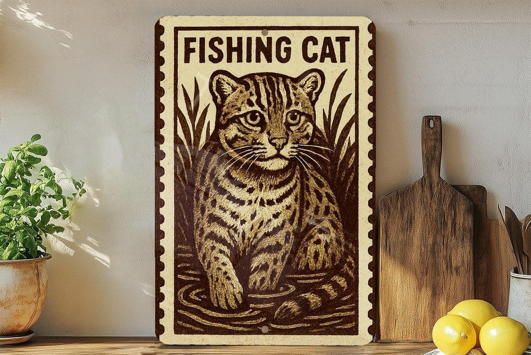 a framed print of a fishing cat, with a wooden cutting board and a potted plant in the background.
