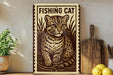 a framed print of a fishing cat, with a wooden cutting board and a potted plant in the background.