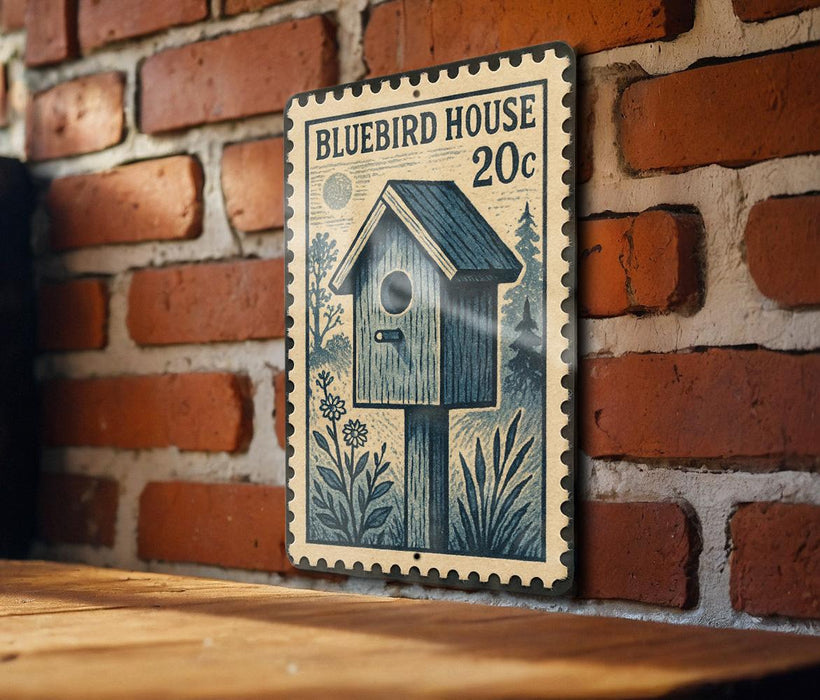 A metal sign with a vintage-style illustration of a birdhouse, mounted on a brick wall.