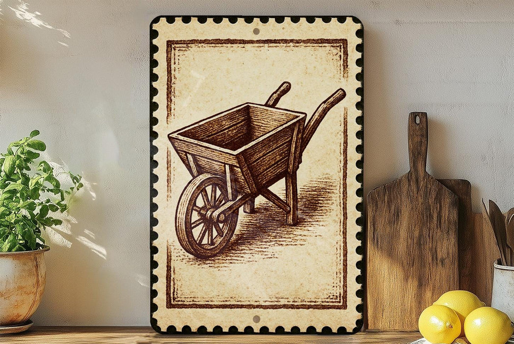 a wooden wheelbarrow with a decorative border, placed on a shelf next to a wooden cutting board and a potted plant.