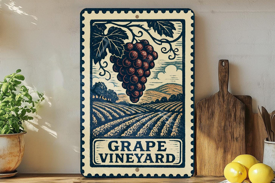 A vintage-style metal sign with a grape vineyard illustration, placed on a wooden surface next to a wooden cutting board and some lemons.