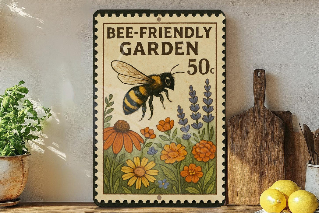 A vintage-style metal sign with a bee and flowers, advertising a "Bee-Friendly Garden 50¢" on a shelf with kitchen utensils and lemons.