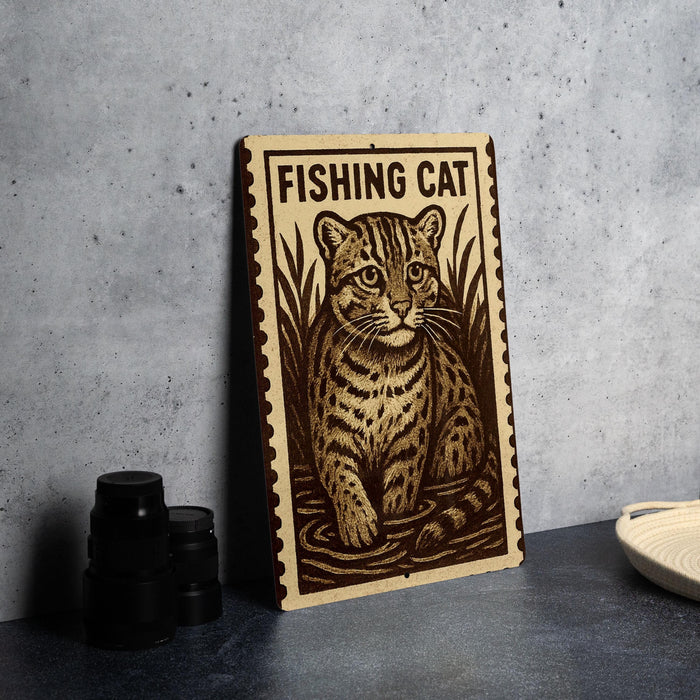 a wooden sign with a cat illustration, placed on a table next to some black camera lenses.