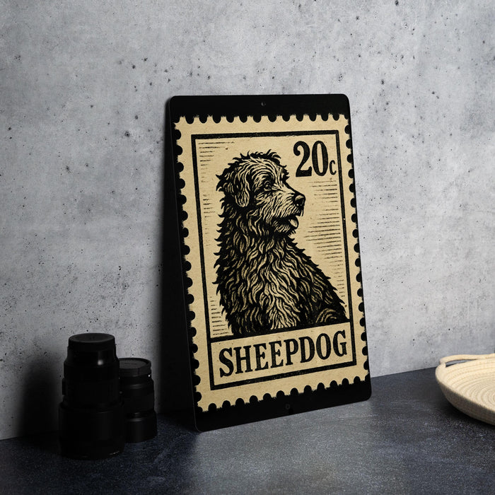 A metal stamp featuring a sheepdog, with the text "SHEEPDOG" printed on it, is displayed on a table.