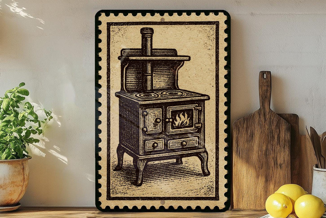a vintage-style stove with a wooden frame, placed on a shelf next to a wooden cutting board and a potted plant.