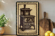 a vintage-style stove with a wooden frame, placed on a shelf next to a wooden cutting board and a potted plant.