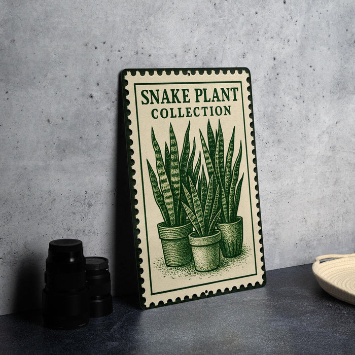A metal sign with a stamp design featuring a snake plant and three potted plants, placed on a table next to some black camera lenses.