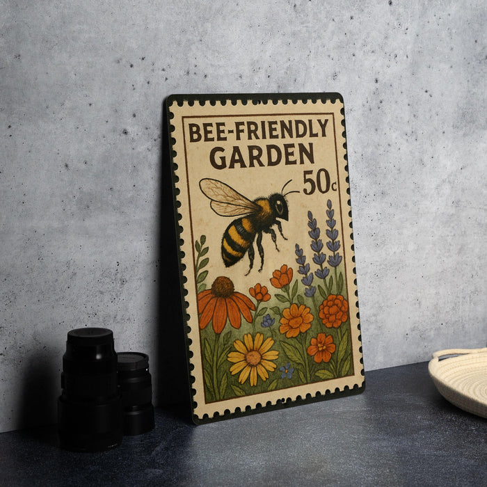 A metal sign with a bee and flowers, advertising a "Bee-Friendly Garden 50¢" on a gray wall.