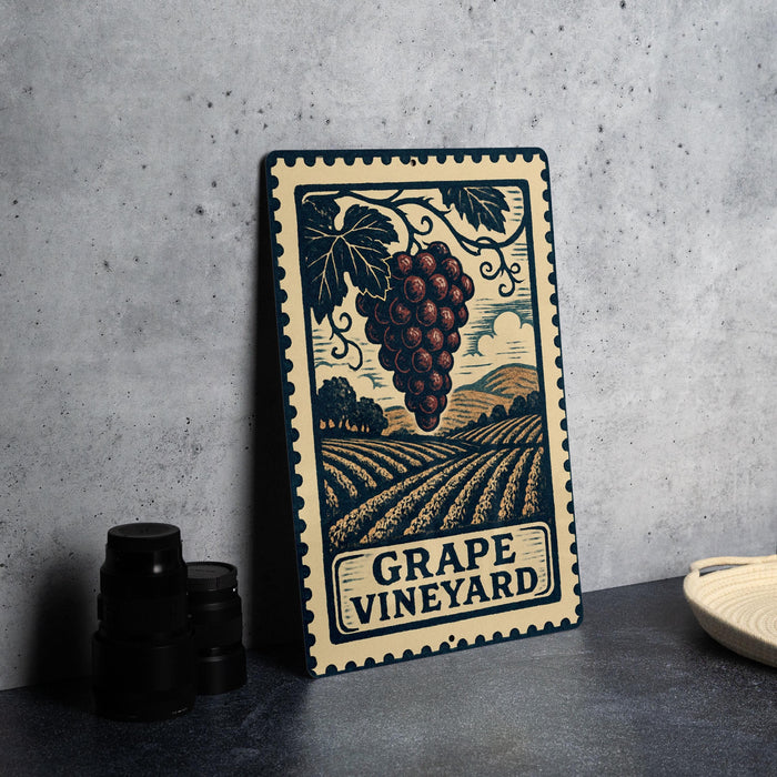 A metal sign with a vintage-style illustration of a bunch of grapes and a vineyard, along with the text "Grape Vineyard" on it, is displayed on a table.